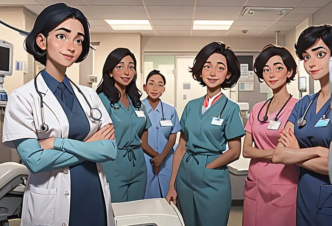 A group of diverse healthcare workers in their scrubs, smiling and standing together, surrounded by medical equipment and a bustling hospital setting..