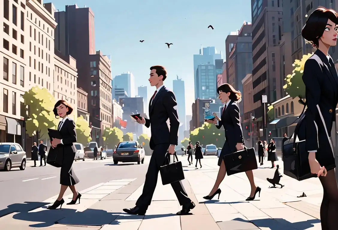 Young adults dressed in business attire, carrying briefcases, in a bustling city setting, with a hint of excitement and opportunity in the air..