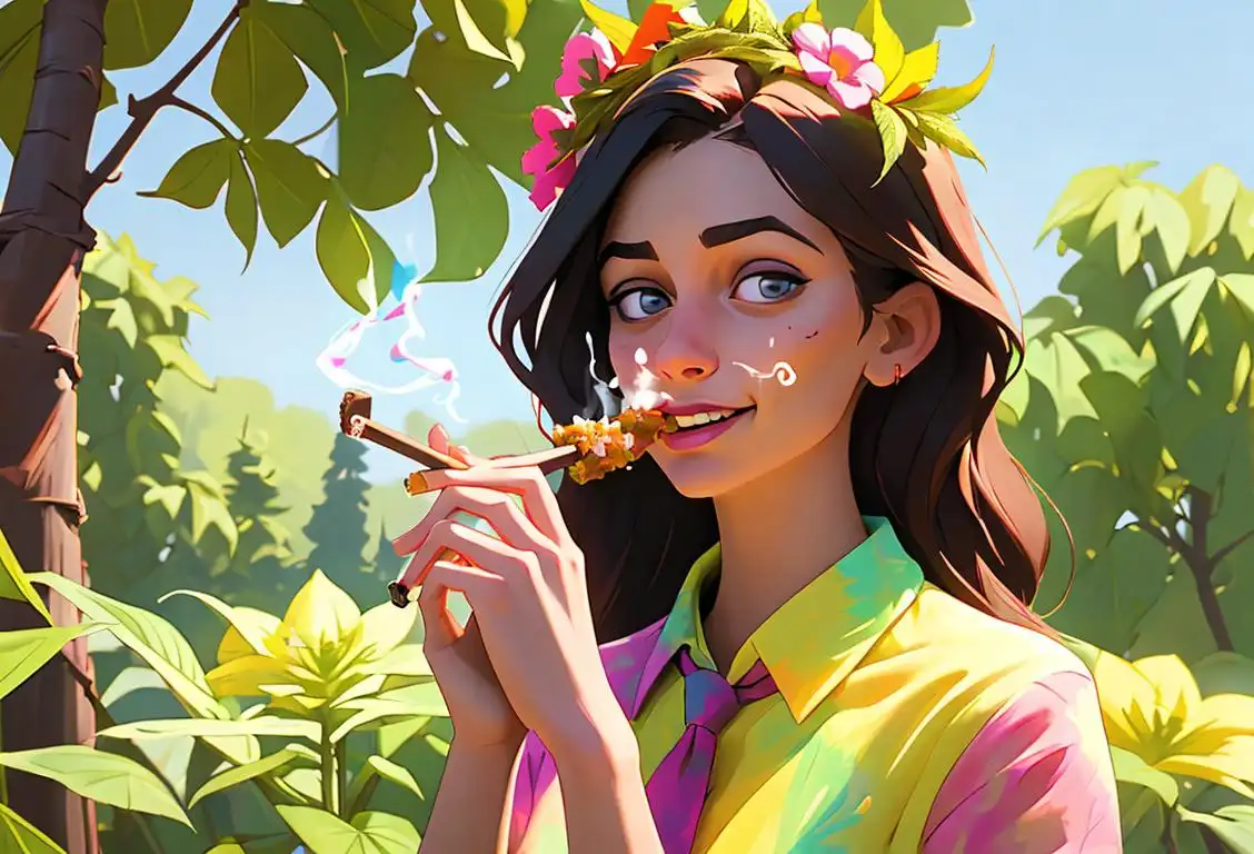 Young woman sharing a lighthearted moment with friends, surrounded by nature, wearing tie-dye clothes and flower crown to celebrate National Weed Smoking Day..