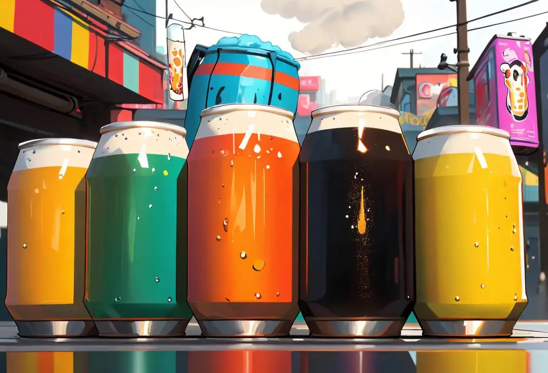 Close-up shot of a colorful beer can, with condensation droplets, featuring an urban street backdrop and a group of friends enjoying the vibrant atmosphere..
