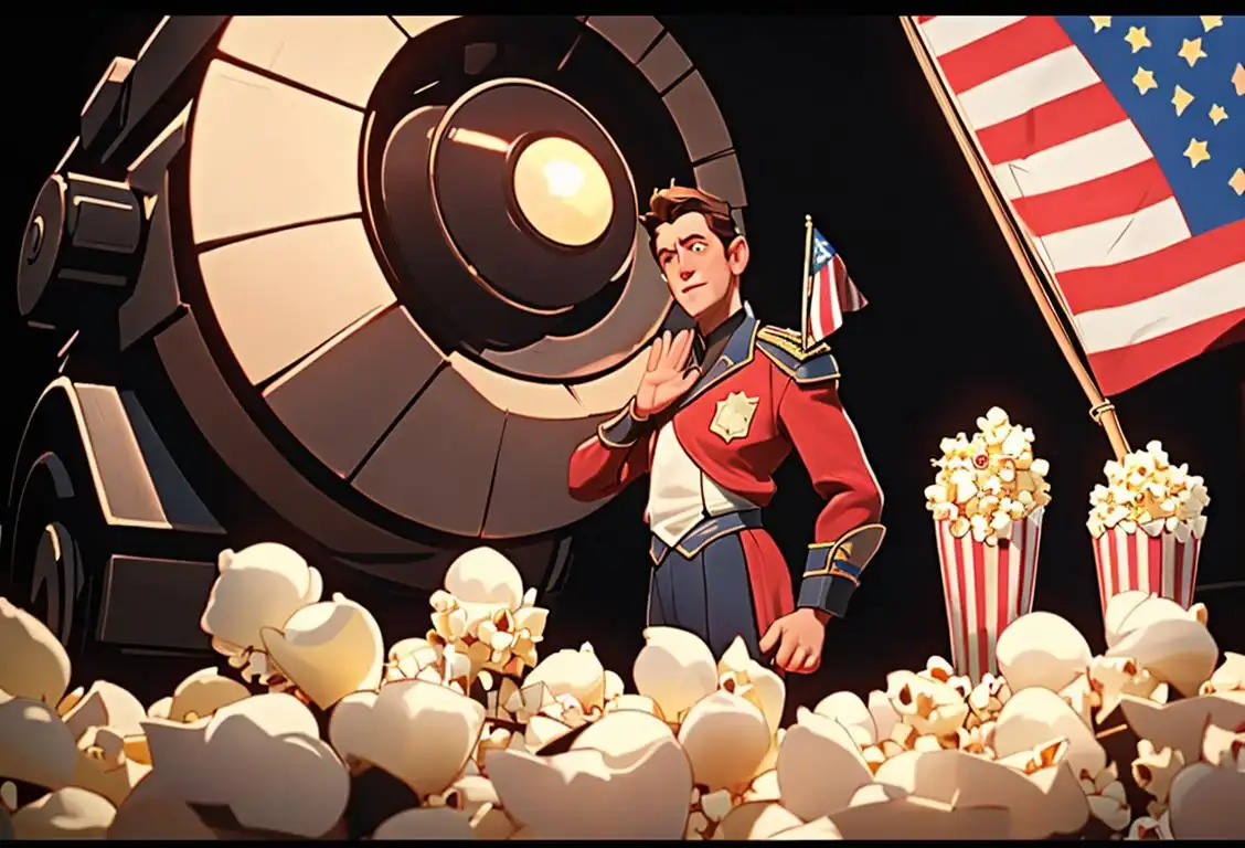 Close-up of a movie projector with a waving flag in the background, surrounded by excited audience holding popcorn and wearing classic cinema attire..