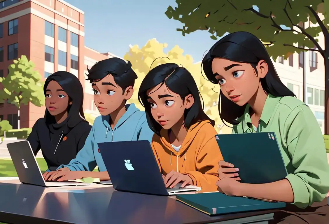 A diverse group of college students studying together outside, holding laptops and textbooks, with a backdrop of a university campus..