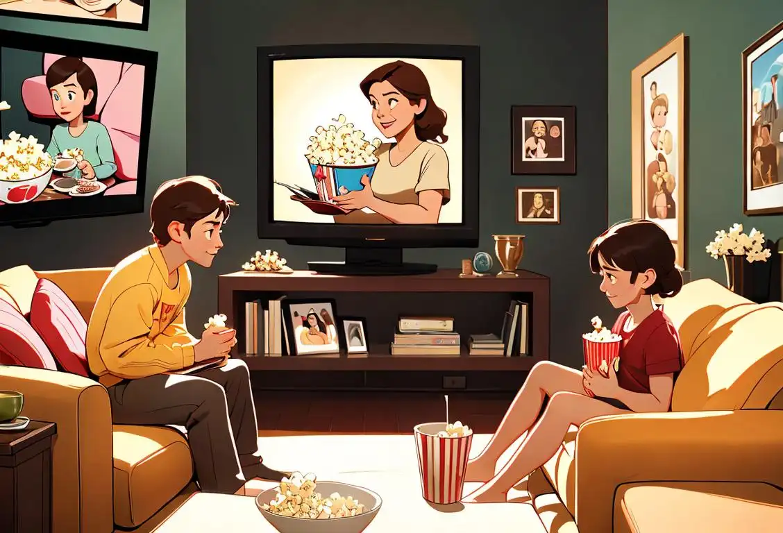 Happy family sitting on a couch, holding a bowl of popcorn, surrounded by TV show posters, cozy living room setting..