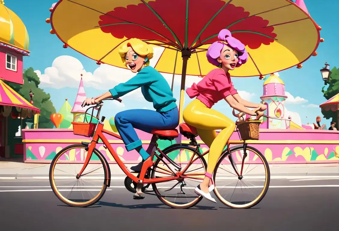 An image of people wearing mismatched clothes, brightly colored wigs, and riding a tandem bicycle through a whimsical carnival setting..