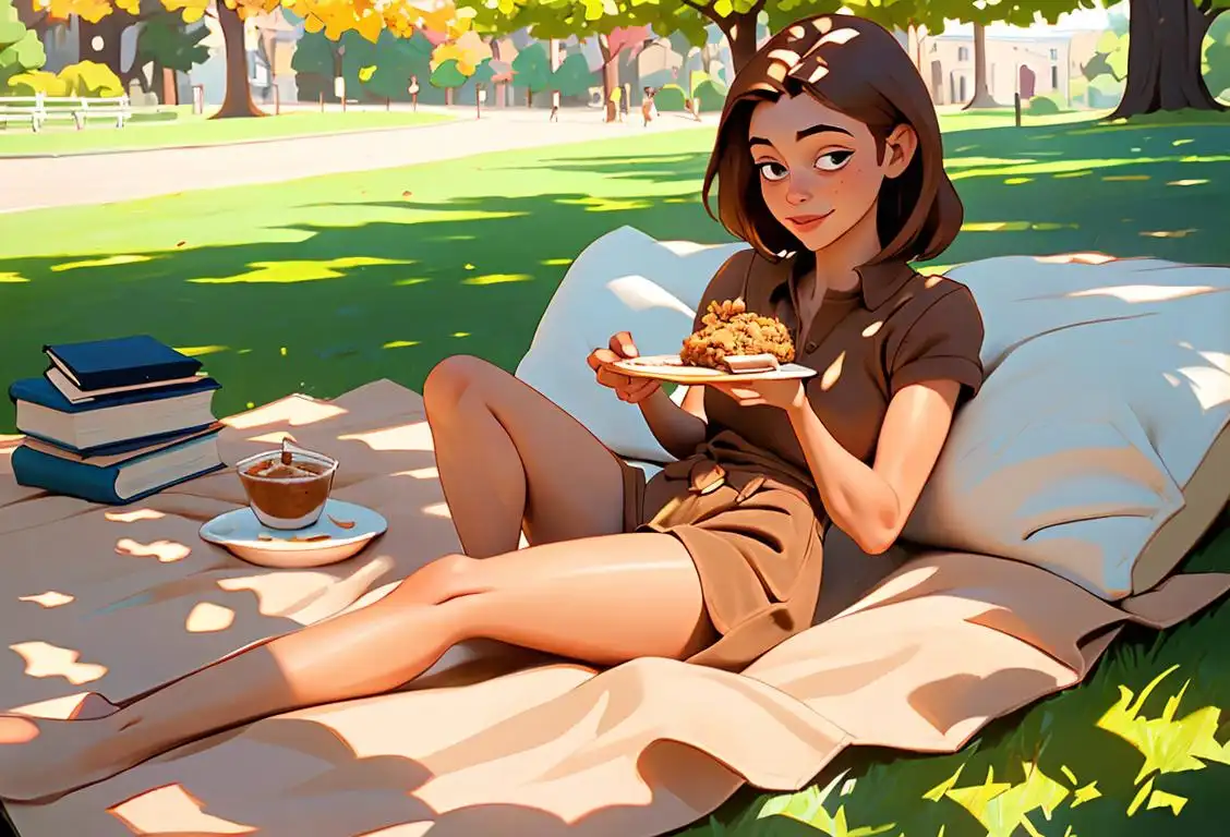 Young woman holding a plate with a crunchy almond butter crunch, enjoying a sunny day at a park with a picnic blanket and a book..