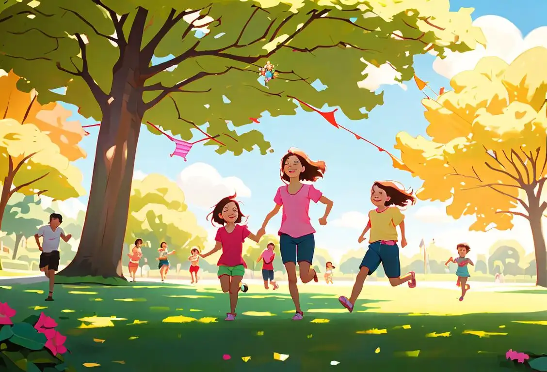 Family picnicking in a sunny park, children running with kites, parents watching, wearing comfy shorts and colorful shirts..