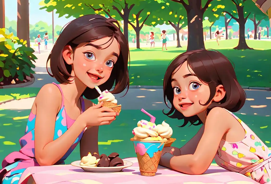 Cheerful kids enjoying scoops of rocky road ice cream in a sunny park, wearing summer clothes, surrounded by lush greenery and playful picnic vibes..