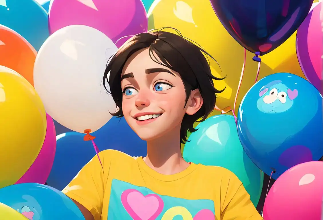 Young person smiling, wearing a t-shirt with supportive mental health slogan, surrounded by caring friends and colorful balloons..