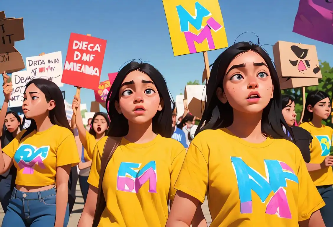 Young individuals marching together in support of DACA, wearing vibrant multi-colored t-shirts, holding signs with empowering messages, diverse cityscape background..