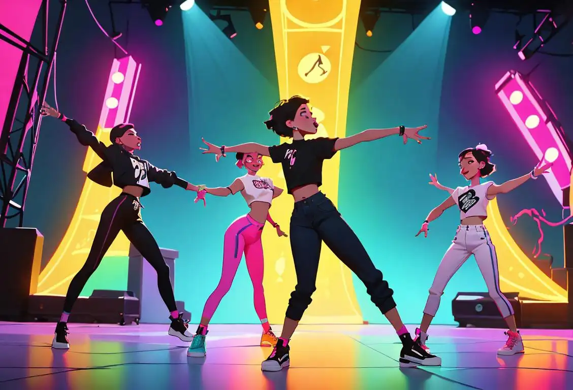 A group of young people, dressed in trendy streetwear, dancing energetically to music, surrounded by colorful lights and a vibrant city backdrop..