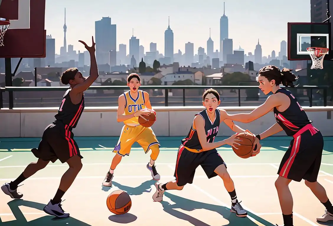 A group of people, dressed in athletic gear, holding cameras and basketballs, surrounded by a vibrant cityscape..