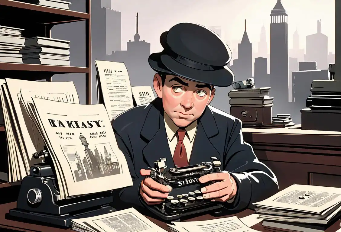 Journalist typing on a vintage typewriter, wearing a classic newsboy hat, surrounded by stacks of newspapers and a bustling city backdrop..