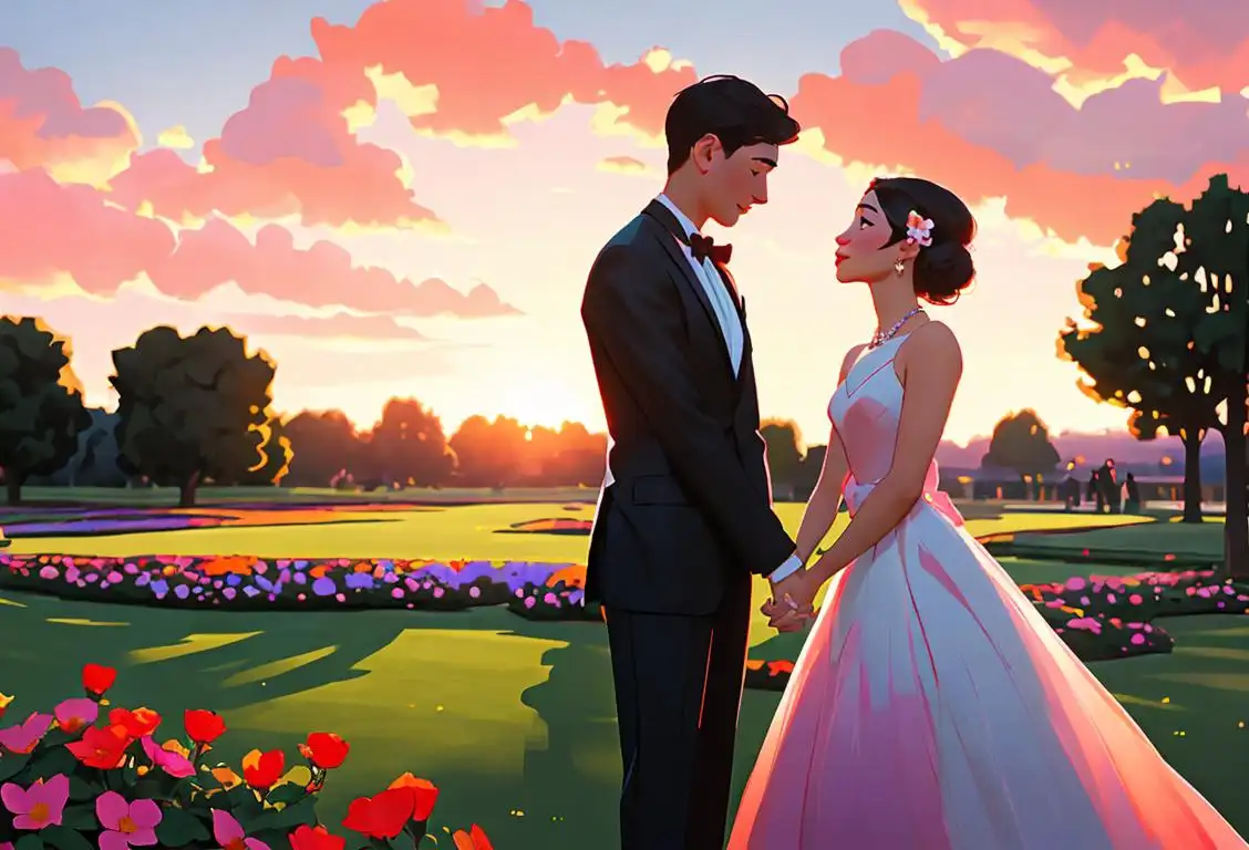 Young couple holding hands, dressed in elegant attire, surrounded by vibrant flowers and a beautiful sunset as they celebrate National Title of the Day..