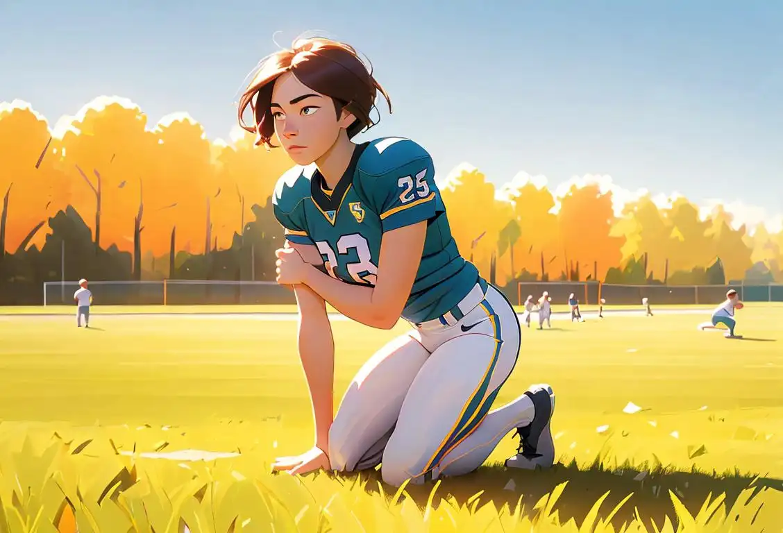 Person kneeling in an open field, wearing a jersey, sports fashion, sunny outdoor setting. .