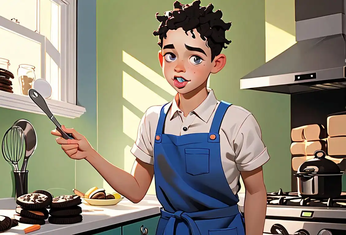 Young boy enjoying an Oreo, wearing a colorful apron, surrounded by baking supplies and a playful kitchen scene..