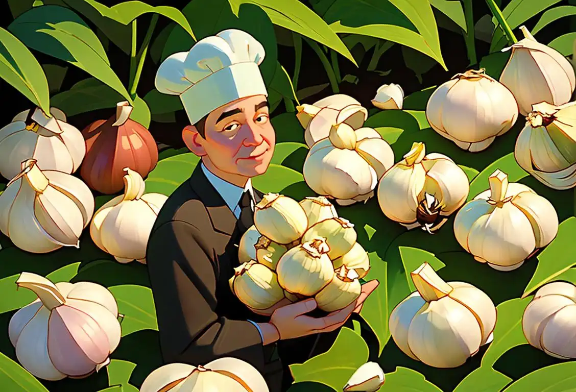 A person holding a bunch of garlic cloves, wearing a chef's hat, surrounded by a vibrant vegetable garden..