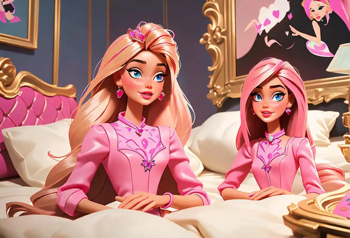 Young girls playing with Barbie dolls, showing glamorous fashion styles, in a bedroom filled with colorful accessories and dreamy atmosphere..