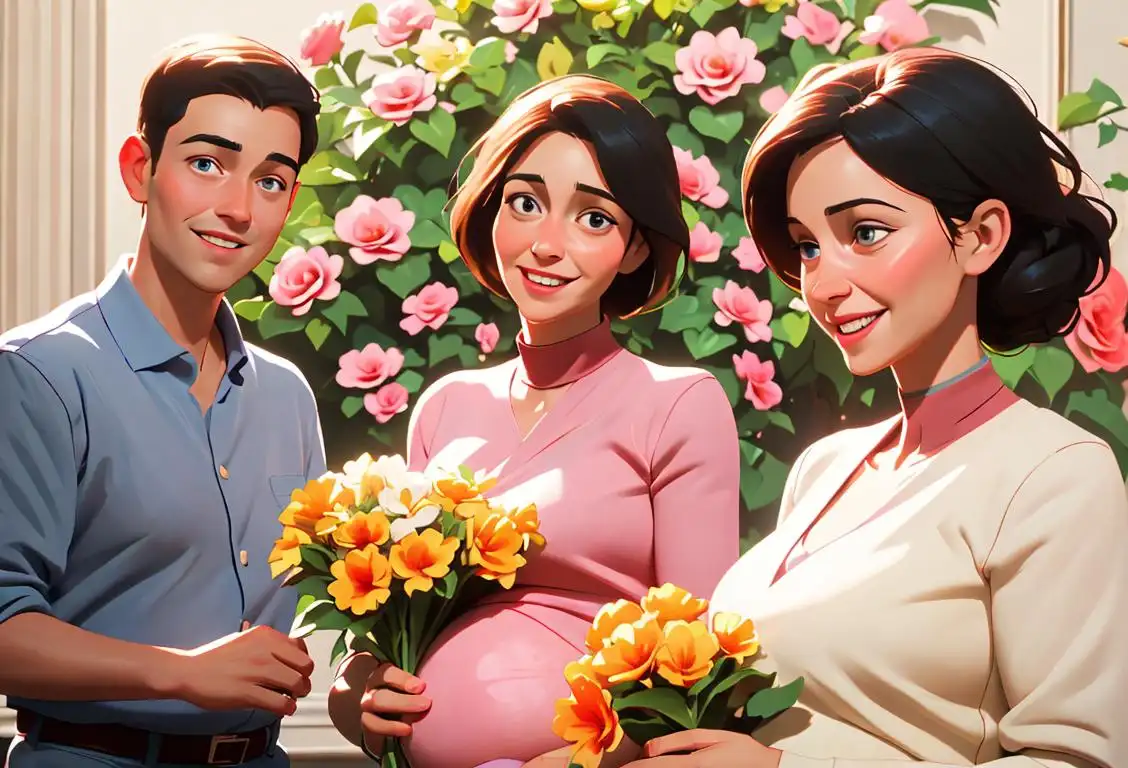 Joyful pregnant woman with a gentle smile, holding a bouquet of flowers, surrounded by caring family members..