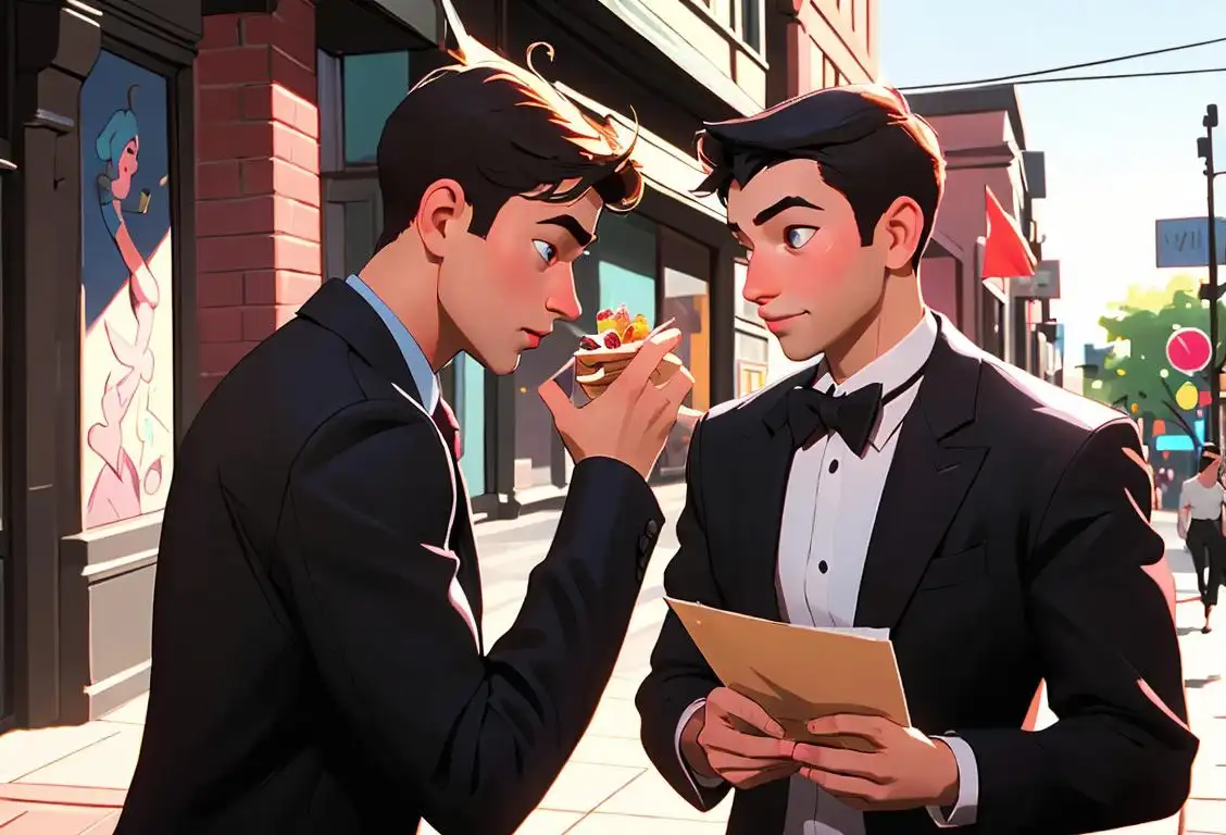 Young man with impeccable style, assisting his friend on a date in a vibrant downtown city setting. .