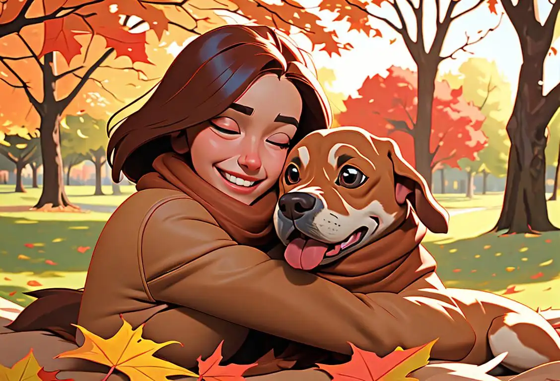 Smiling girl in a park, embracing her loyal hound. Autumn leaves falling, cozy scarf, nature setting..