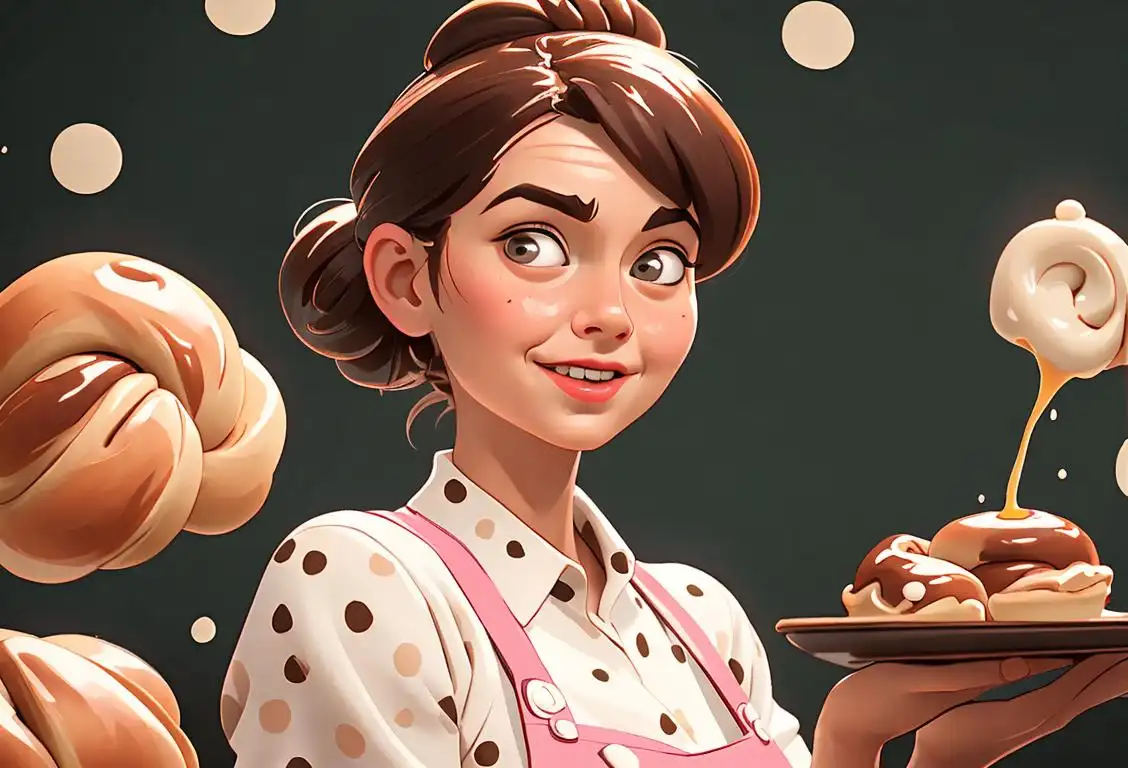 Young woman joyfully spreading sticky bun batter on her apron, wearing a vintage polka dot dress, retro bakery setting.