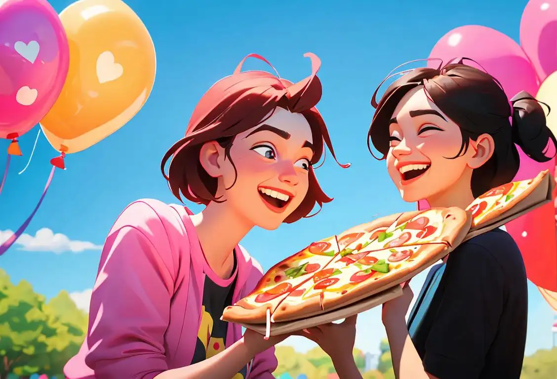 Two friends embracing and laughing, surrounded by colorful balloons and holding pizza slices, in a park setting with summer vibes..