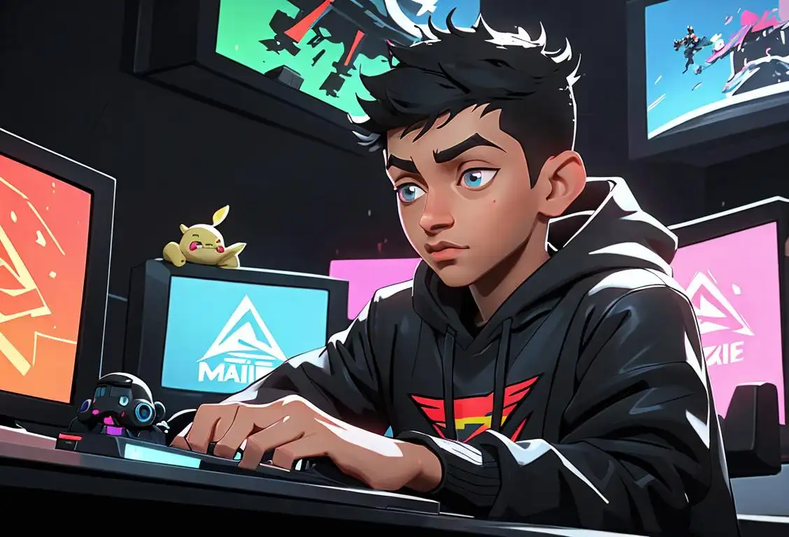 Young gamers with Faze Rain, wearing gaming merch, futuristic gaming setup, streaming live to millions..