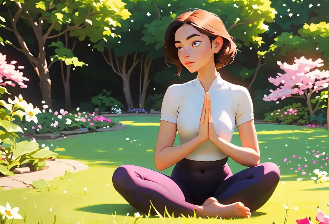 Young woman sitting in a peaceful garden, taking a deep breath, surrounded by blooming flowers and wearing comfortable yoga attire..