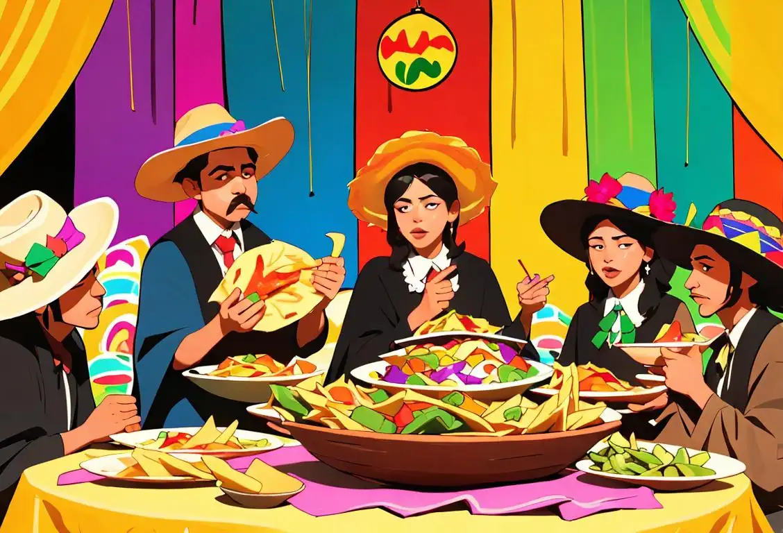 A group of friends enjoying a bowl of tortilla chips, vibrant Mexican fiesta decorations, sombreros, and colorful ponchos, surrounded by mariachi music.