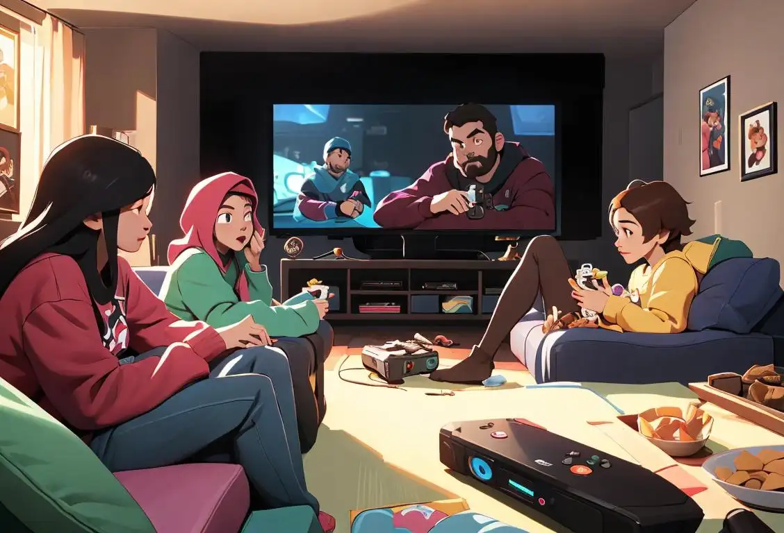 Group of diverse friends gaming together in a cozy living room, wearing comfortable clothes and surrounded by game consoles and snacks..