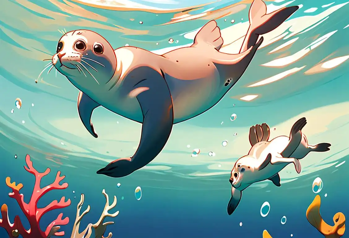 A playful seal splashing in the ocean, surrounded by underwater scenery, with children in colorful swimsuits nearby, enjoying the sunny beach day..