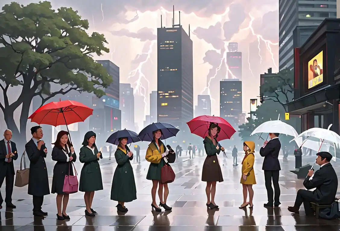 A group of diverse people gathered under a tree during a thunderstorm, wearing raincoats and holding umbrellas, city skyscrapers in the background..