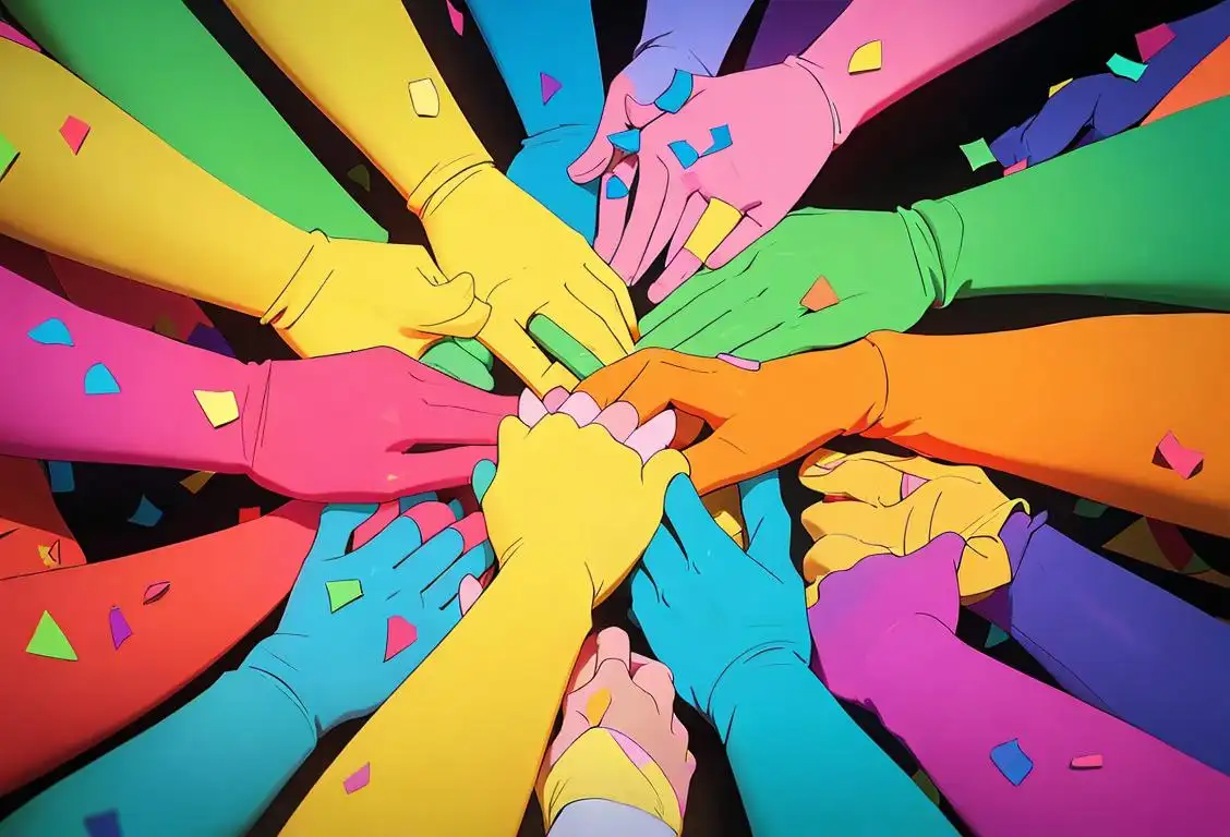 A diverse group of individuals holding hands, each wearing colorful clothing representing their unique identities and surrounded by a backdrop of festive confetti..