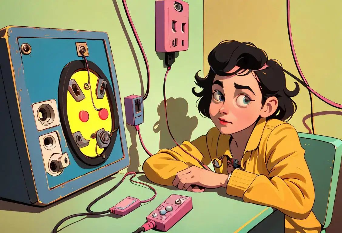 Young person plugging in a colorful, retro-style cord into a wall socket, surrounded by vintage electronics and vibrant decor..