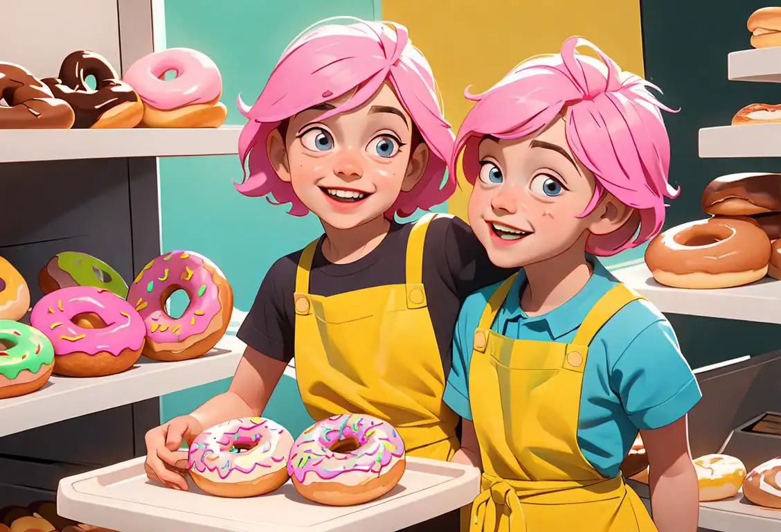 Smiling children wearing colorful aprons, surrounded by a variety of deliciously frosted doughnuts, in a cheerful bakery setting..