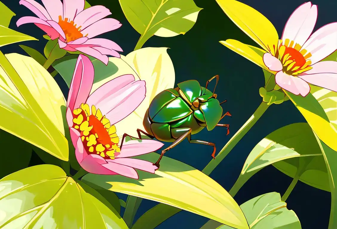 Close up of a colorful june bug perched on a blooming flower, surrounded by a sunny garden.