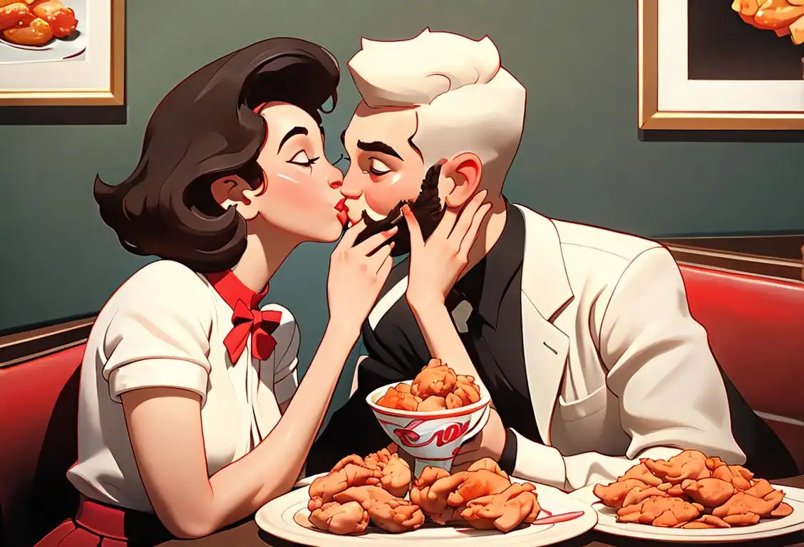 Cheerful couple sharing a tender kiss over a mouthwatering plate of fried chicken, dressed in retro 1950s fashion, classic diner setting..