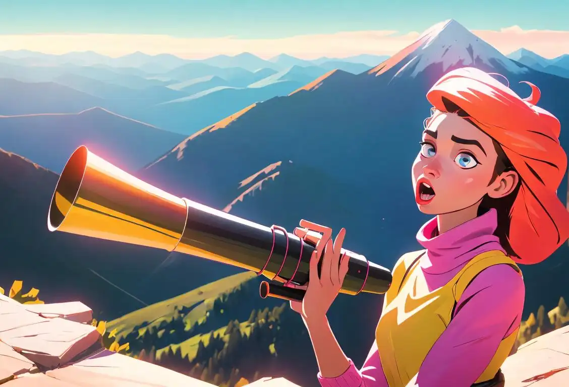 Young woman holding a megaphone on a mountaintop, dressed in bold, colorful attire, surrounded by exaggerated claims in speech bubbles..