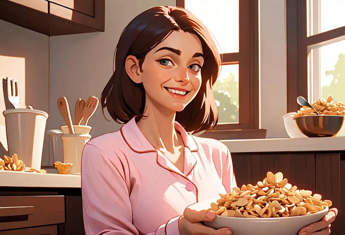 Smiling woman eating a bowl of fiber-rich cereal, wearing comfortable pajamas, cozy morning kitchen scene..