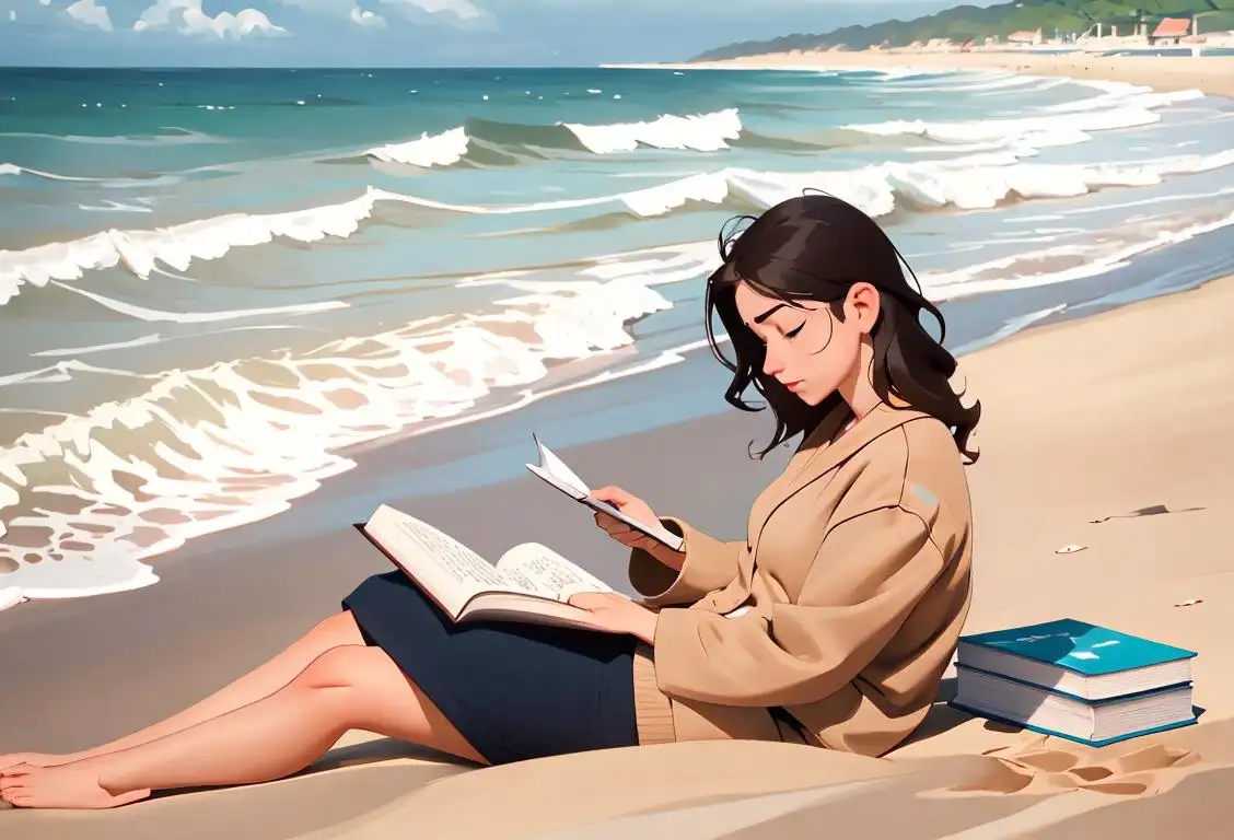 A peaceful scene of a person sitting on a beach, wearing comfortable clothing, reading a book, with serene waves in the background..