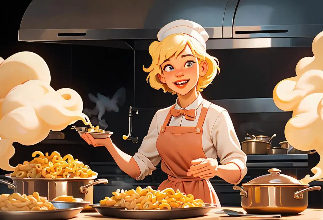 Cheesy macaroni elbows dancing joyfully in an open-air kitchen, adorned with colorful aprons and chefs hats, surrounded by pots, pans, and a cloud of steam..