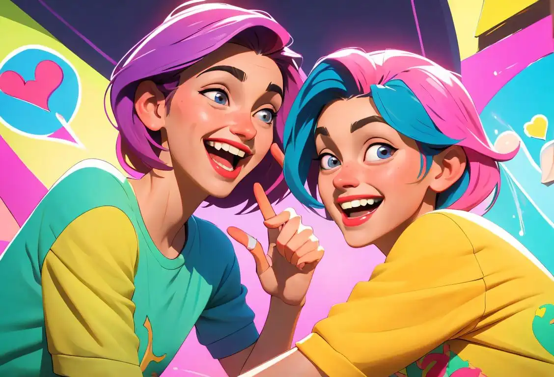 Young adults laughing and smiling, dressed in colorful retro outfits, expressing joy in a vibrant internet-inspired setting..