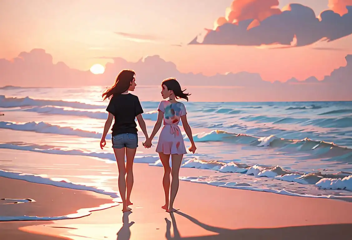 Two best friends holding hands, walking on a beautiful beach at sunset, wearing matching friendship bracelets..