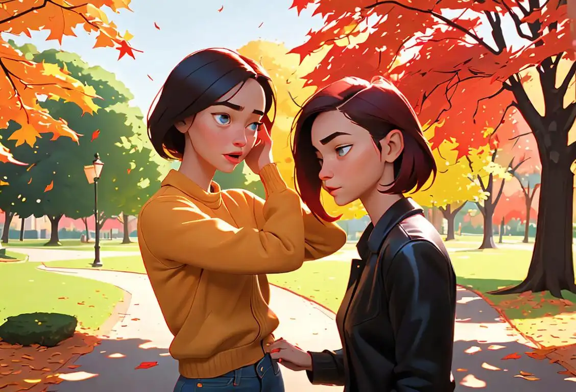 Two young women in casual attire, playfully pulling each other's hair, in a colorful park setting with autumn leaves falling..