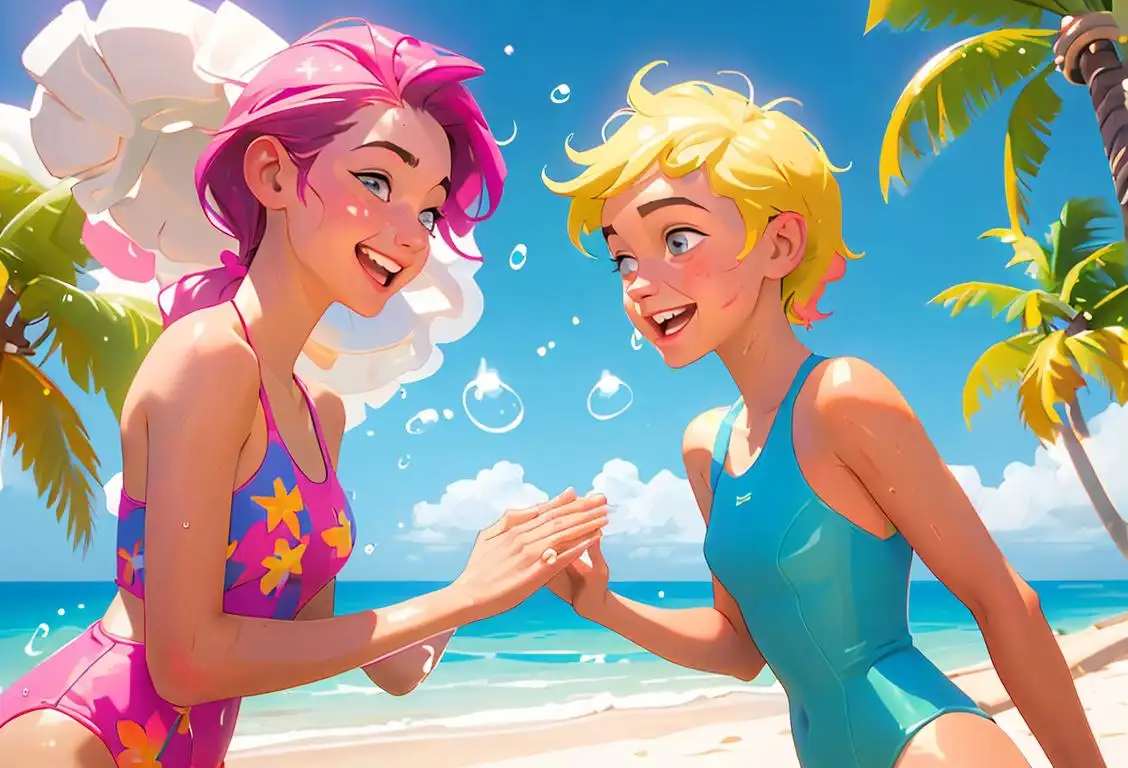 Two close friends lovingly sharing a bright shower, bubbles and giggles filling the air; wearing colorful swimsuits, beach scene with palm trees in the background..