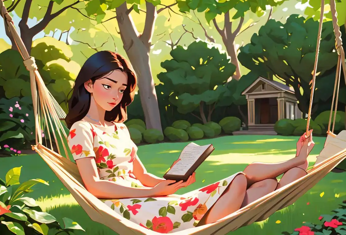 Cozy up with a good book as a woman in a floral dress reads on a hammock in a serene garden setting..
