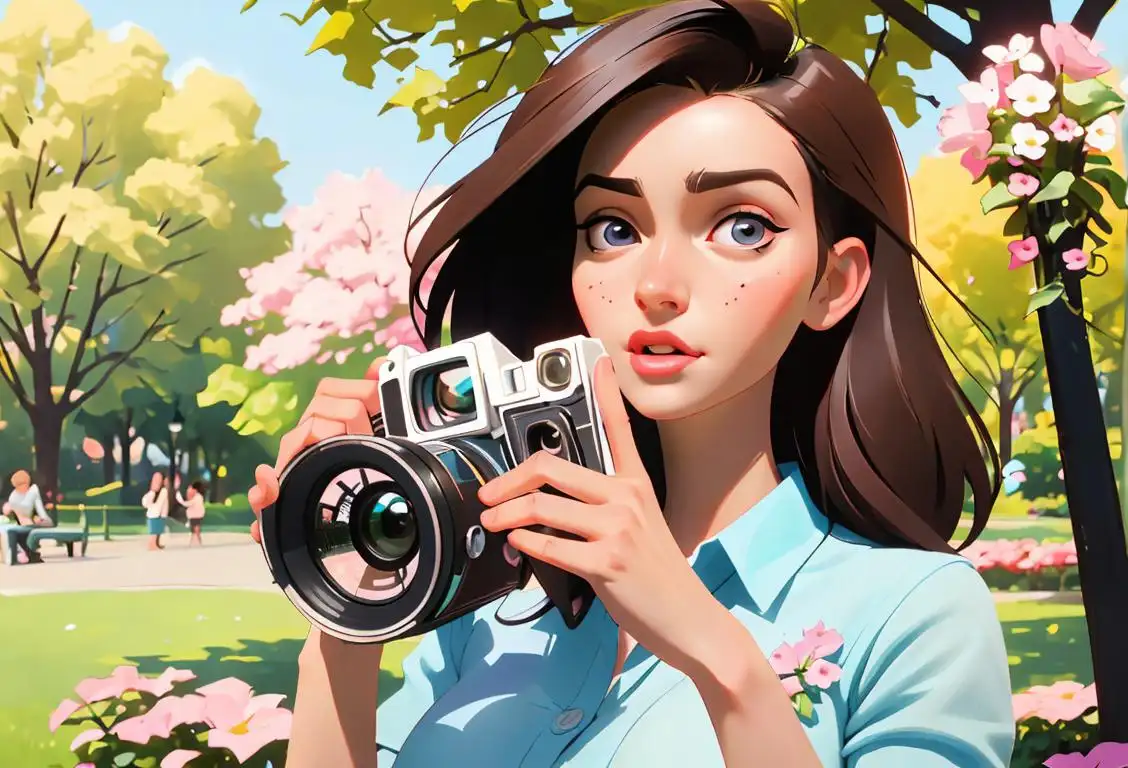 Young woman holding an instant camera in a park, surrounded by flowers, enjoying National Titty Pic Day with a  wholesome and safe for work interpretation..