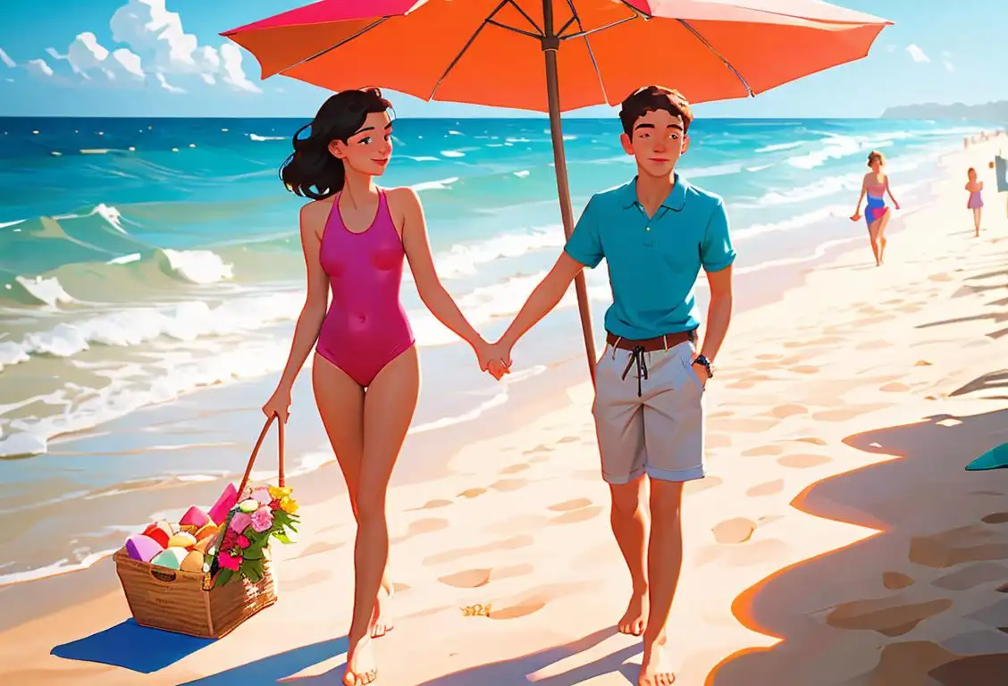 A young man and woman walking on a sunny beach, wearing colorful swimwear, holding hands, with a picnic basket in the background..