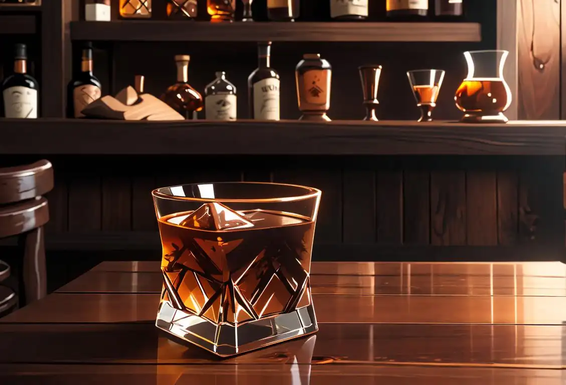 Close-up of a glass filled with dark amber-colored bourbon, sitting on a wooden bar counter, surrounded by whiskey barrels and vintage bar accessories..