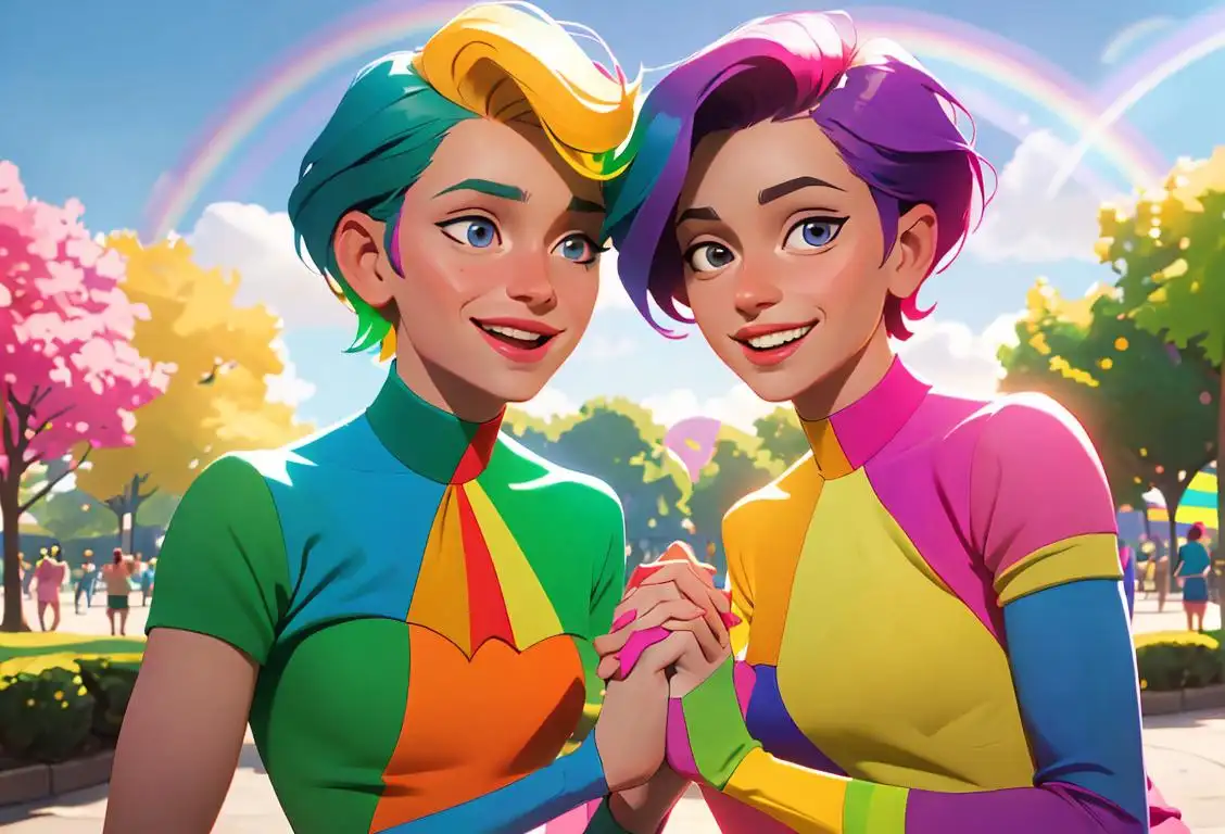 Two people of the same gender holding hands, smiling, wearing colorful Pride-themed outfits, in a park with rainbow flags waving in the background..